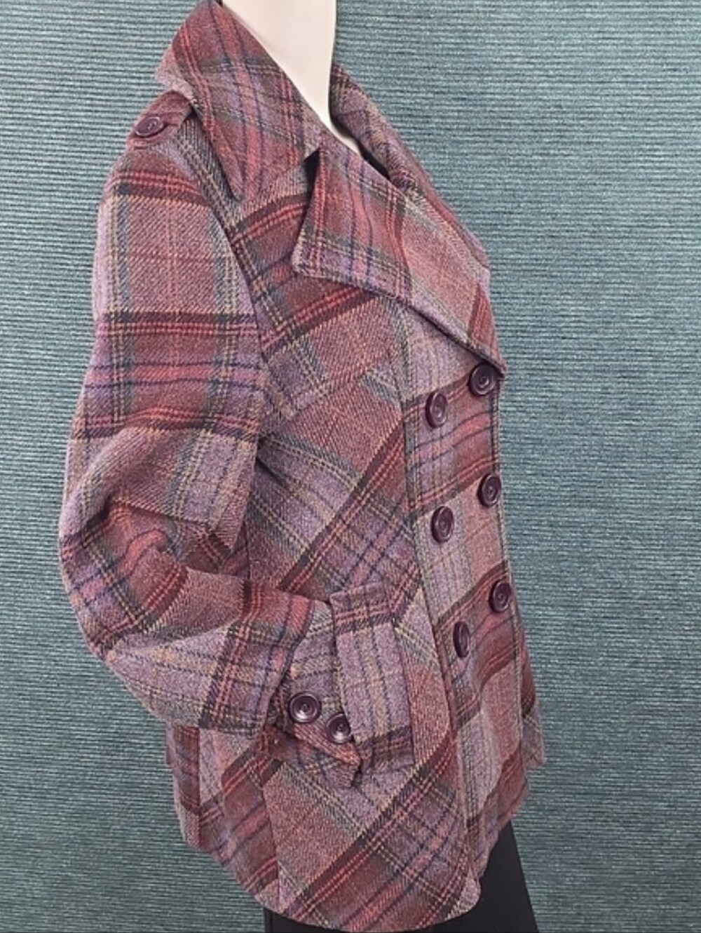 Moda International Pea Coat, Wool Blend, Plaid